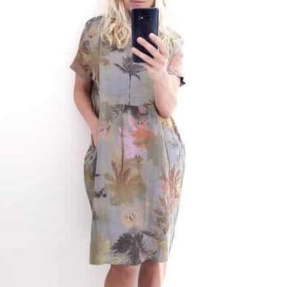 Helga May Linen Jungle Dress Bungalow Grey Italy Lagenlook Pockets Palm Tree - Picture 10 of 10